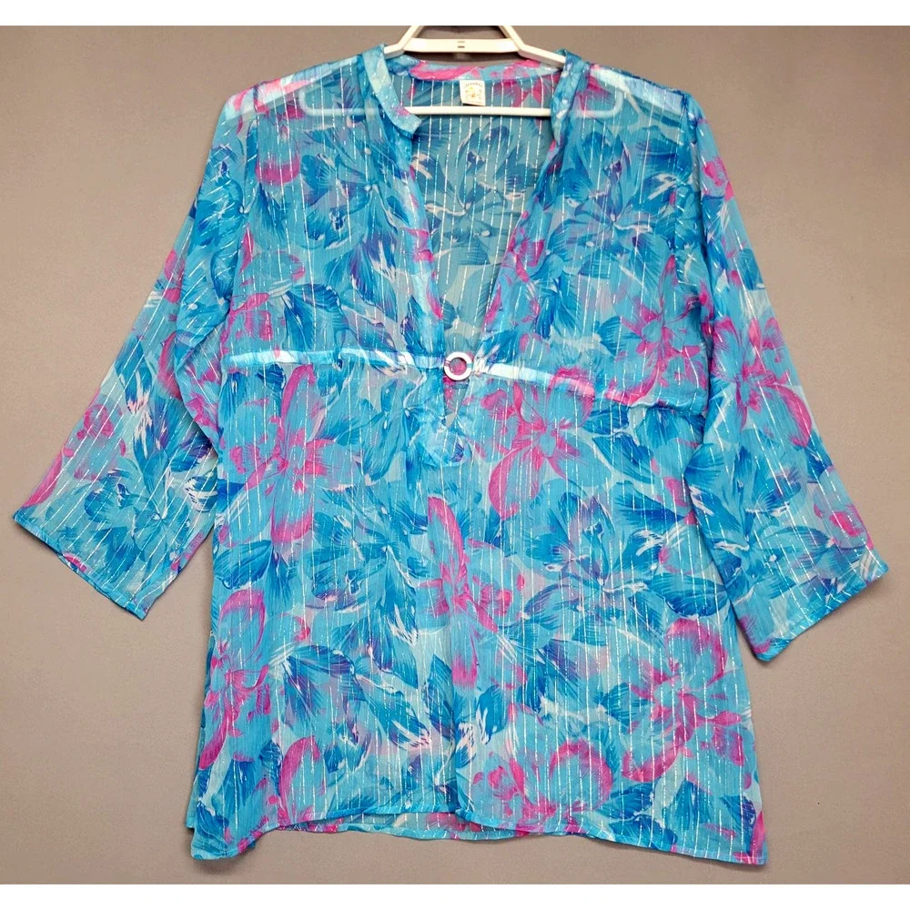 Creations Tropical Swim Cover Up Womens One Size Blue Pink Coastal Beach Vac - Picture 4 of 14